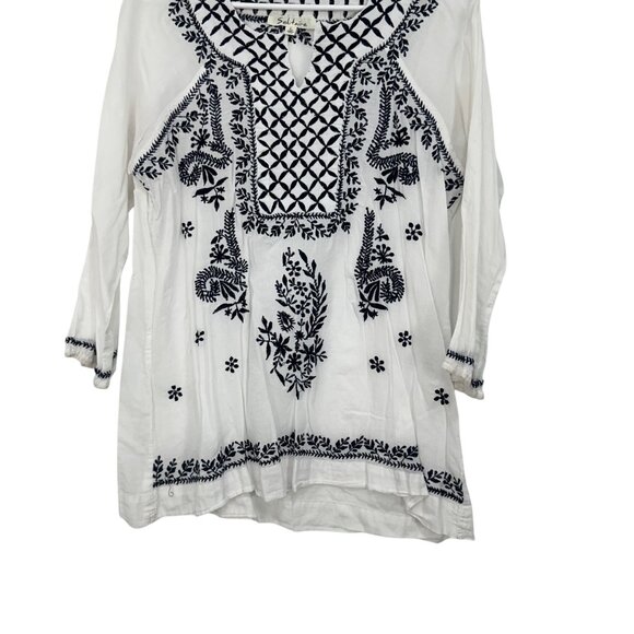 Solitaire White & Black Embroidered Cotton Semi Sheer Tunic Top Women Size L - Picture 2 of 9